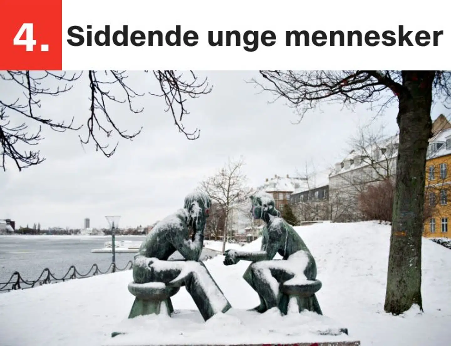 Ved Dronning Louises Bro sidder to unge mennesker skabt af Johannes Hansen og kigger på hinanden.