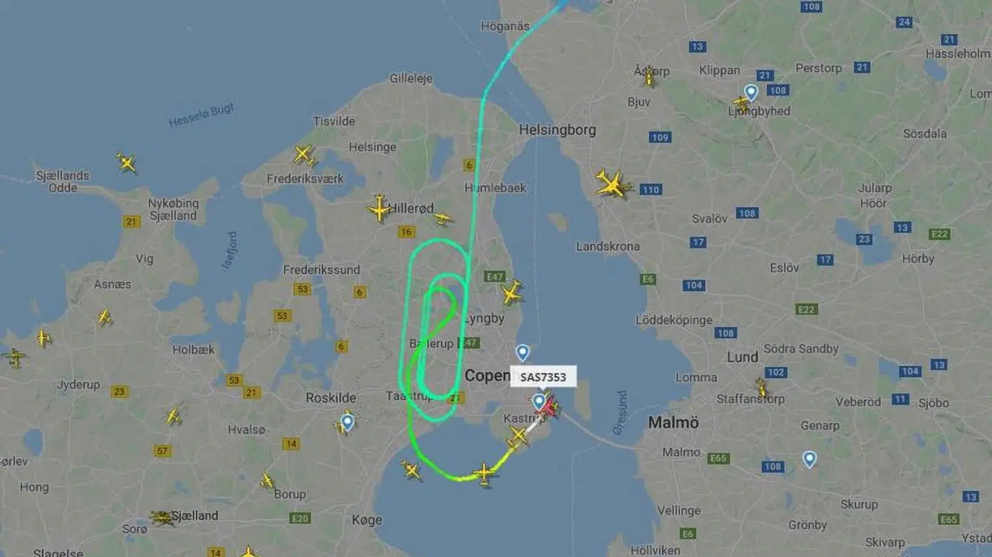 SAS-flyet SAS7353 måtte sikkerhedslande i København på vejen fra Oslo til Chania i Grækenland lørdag morgen. Før landingen cirklede det rundt over det nordlige Sjælland.