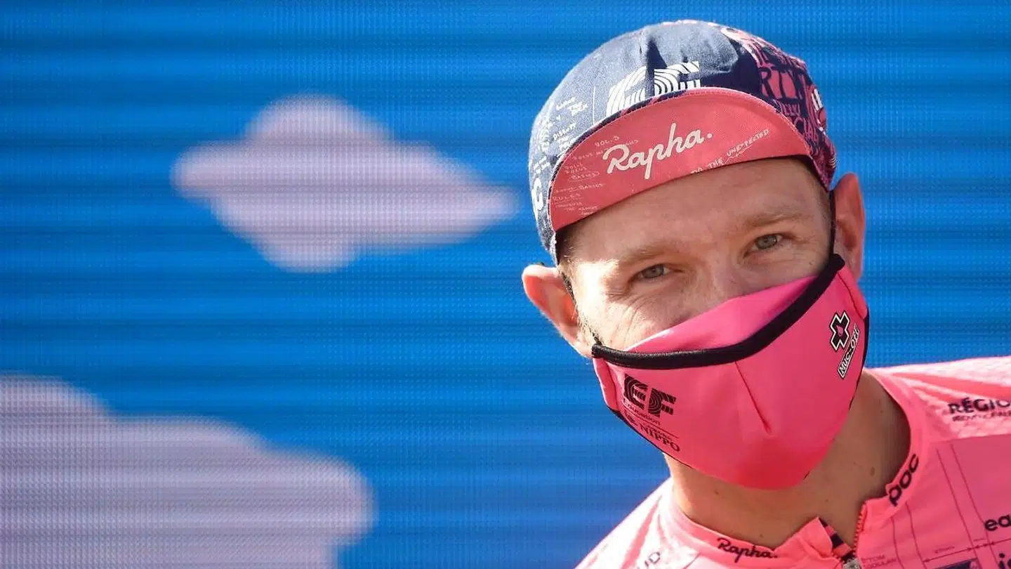 EF Education's Danish rider Magnus Cort Nielsen celebrates on the podium after winning the 19th stage of the 2021 La Vuelta cycling tour of Spain, a 191.2 km race from Tapia to Monforte de Lemos, on September 3, 2021. (Photo by MIGUEL RIOPA / AFP)