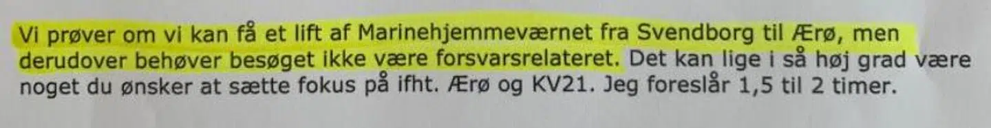 Mailen her er sendt fra Forsvarsministeriet og til den socialdemokratiske borgmester på Ærø, Ole Wej Petersen.