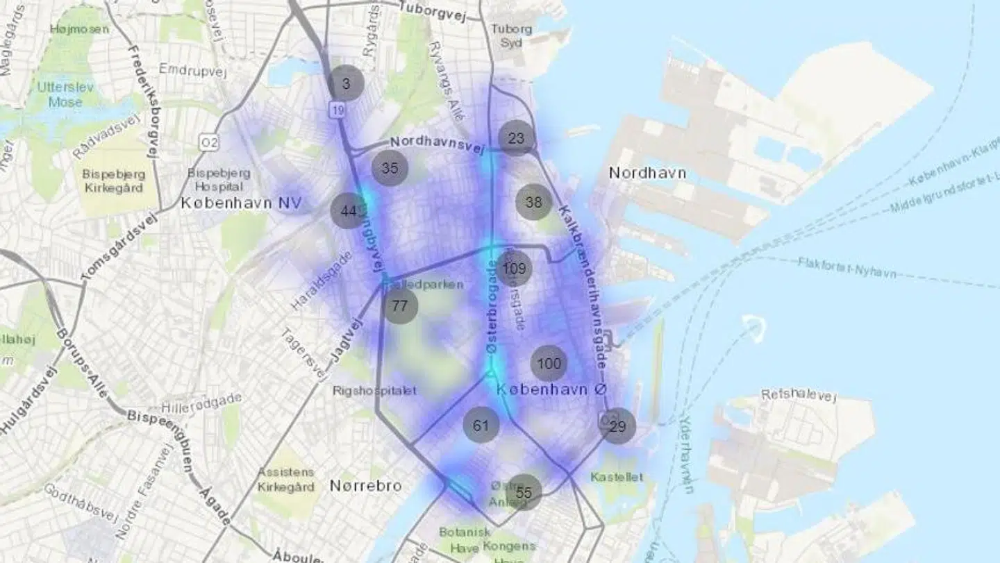 Her kan man tydeligt se, hvordan det særligt er to strækninger på Østerbro, som er ramt af uheld. Foto: RH