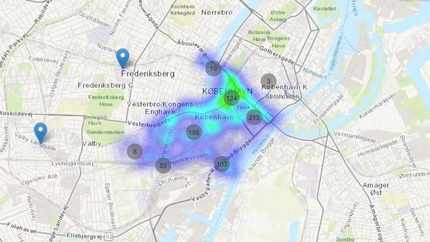 Her kan man se, at det særligt er omkring Tivoli, der er hårdt ramt af ulykker. Foto: RH