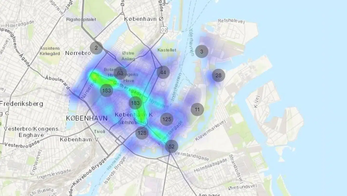 Kortet fra Region Hovedstaden giver en fornemmelse af, hvor i København K der sker flest ulykker. Foto: RH