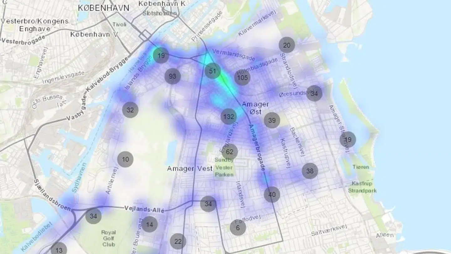 På billedet kan man se, at det primært er på Amagerbrogade og ved Islands Brygge, at der sker mange ulykker. Foto: RH