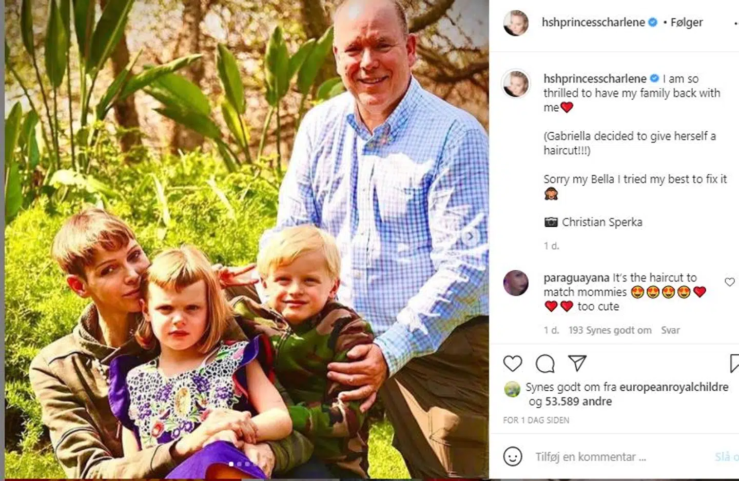 Fyrstinde Charlene har delt dette billede på Instragram, hvor hun fortæller, at hendes datter selv havde klippet sit hår – og at hun havde forsøgt at rette op på det, så godt hun kunne.