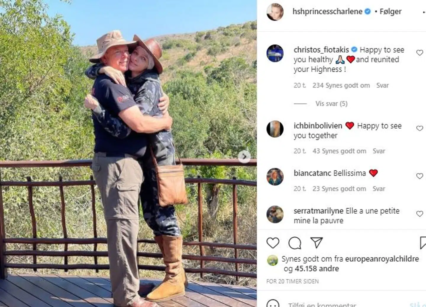 Fyrstinde Charlene ses her i en omfavnelse med sin mand.