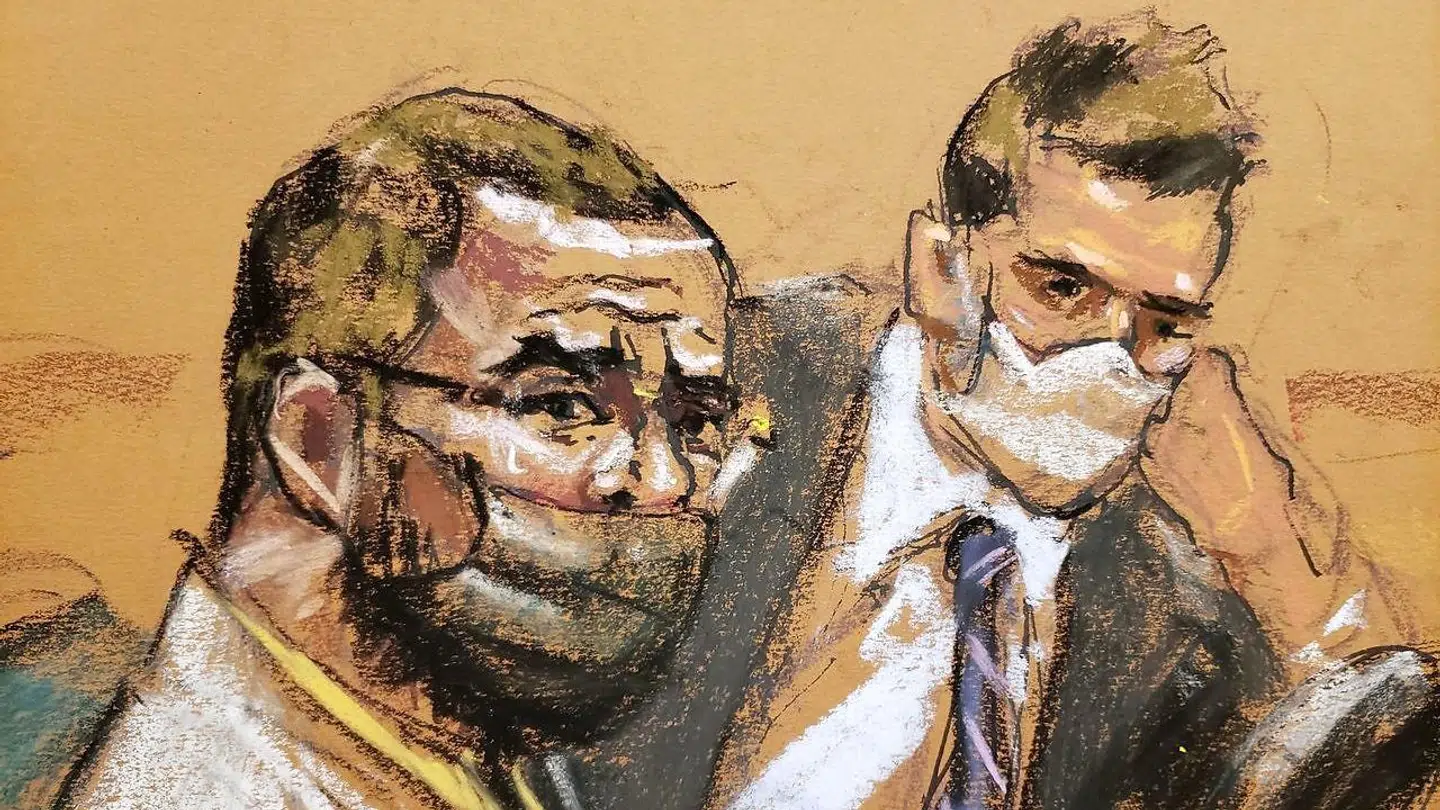 Retstegning af R. Kelly og hans advokat Thomas Farinella fra retssagen i New York tirsdag.