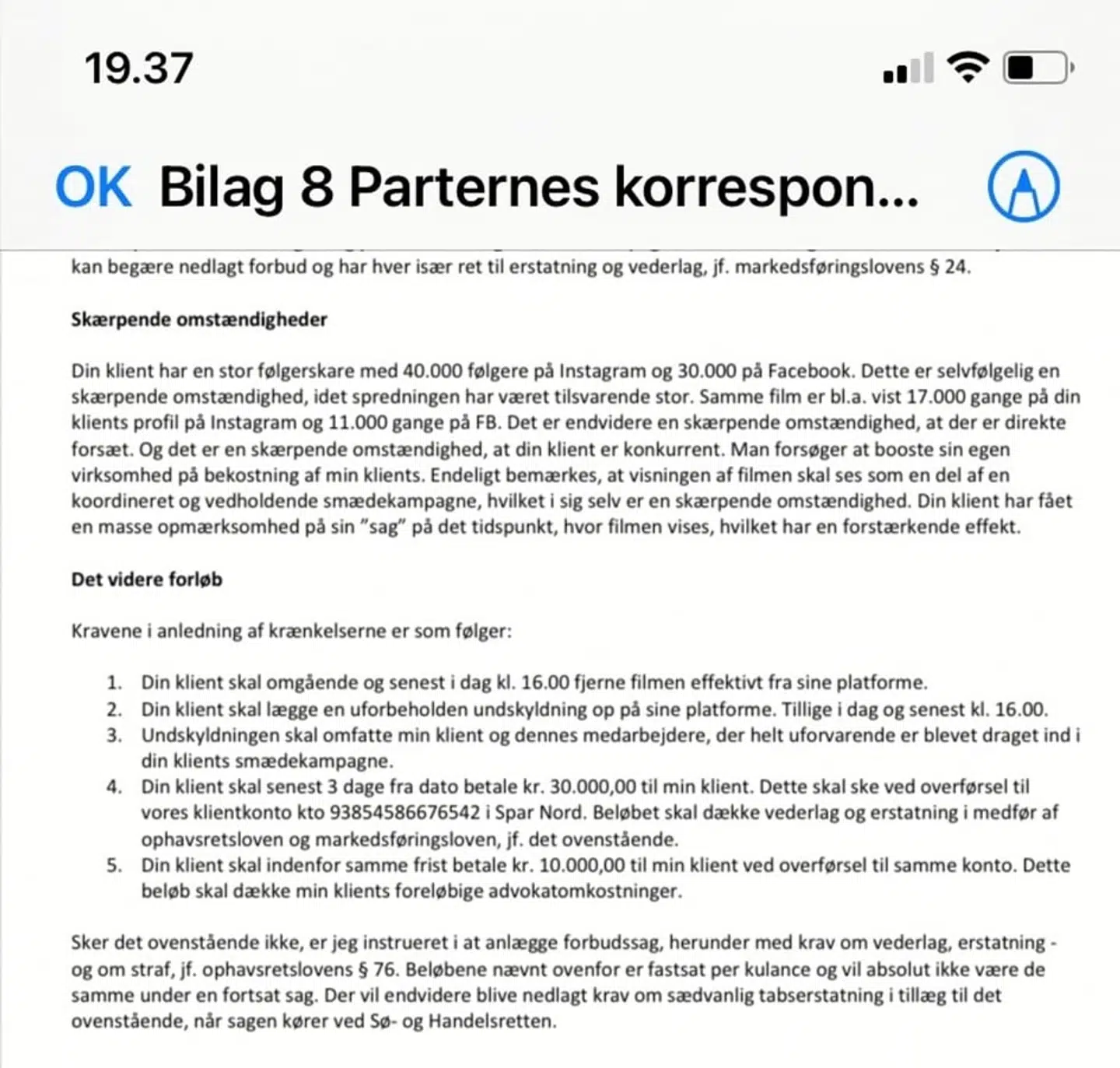 Mail med kravene fra Gustav Salinas til Katrine Gisiger. Foto: Privat