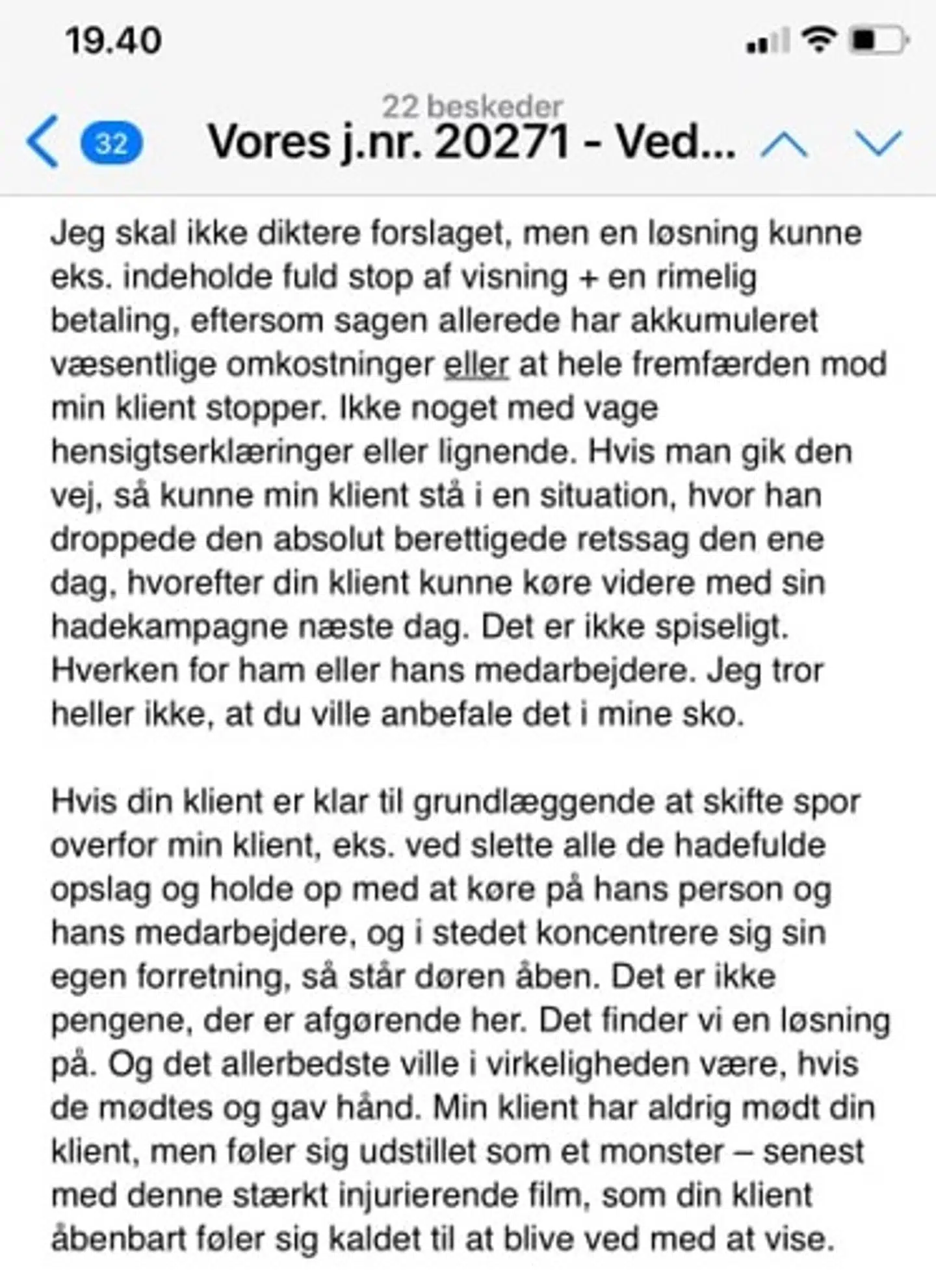 Mail fra Gustav Salinas advokat til Katrine Gisigers advokat, hvor Katrine Gisigers kritik beskrives som en 'hadekampagne'. Foto: Privat