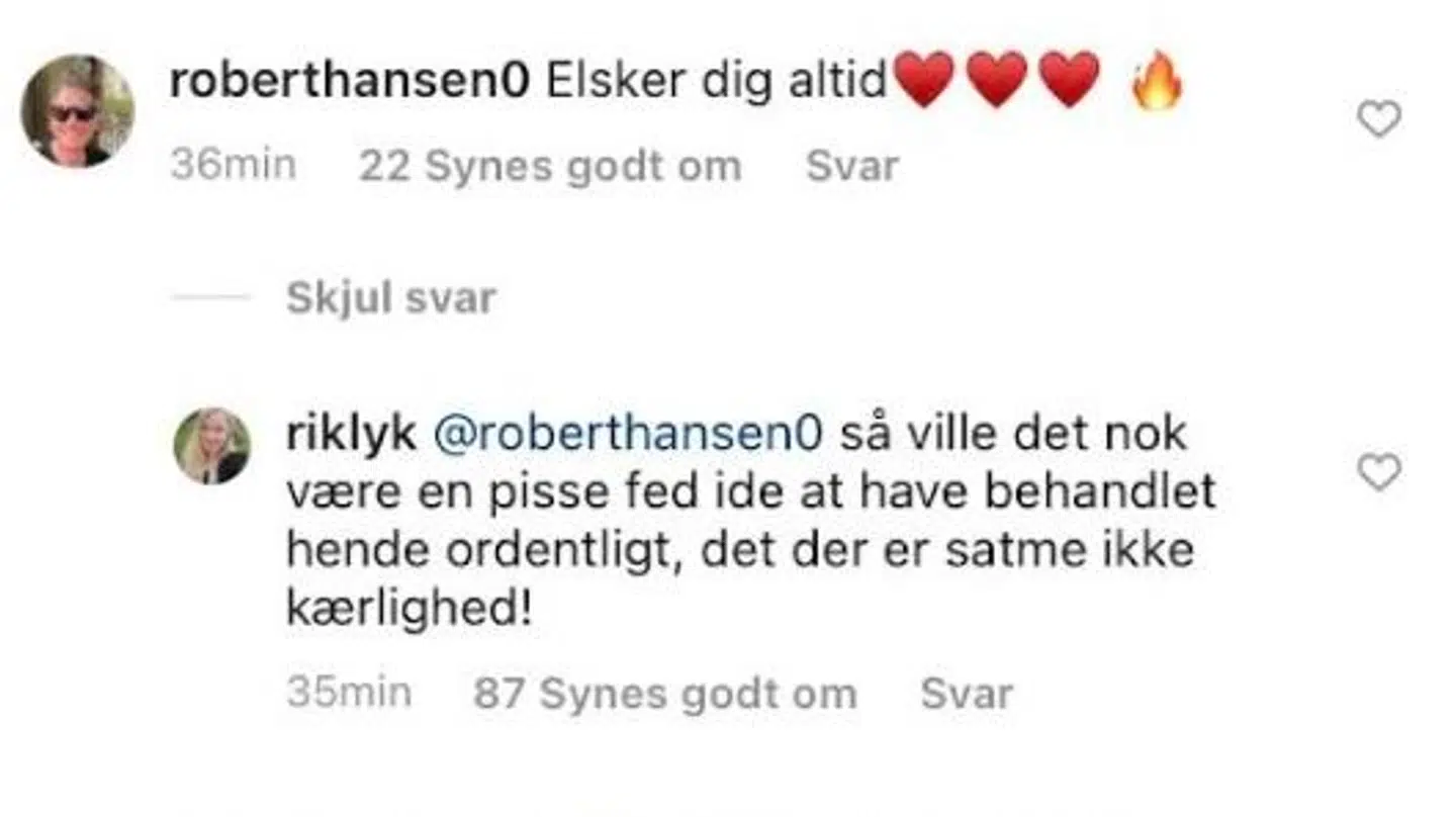 Robert Hansen kommenterede Nynne Larsens opslag af sit forslåede ansigt, men har siden slettet sin kommentar igen.