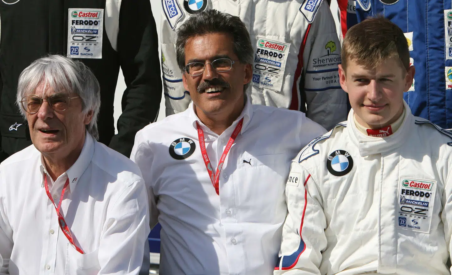 Michael Christensen med BMWs Formel 1-chef, Mario Theissen, og sportens daværende topchef, Bernie Ecclestone, (tv.) i 2008.