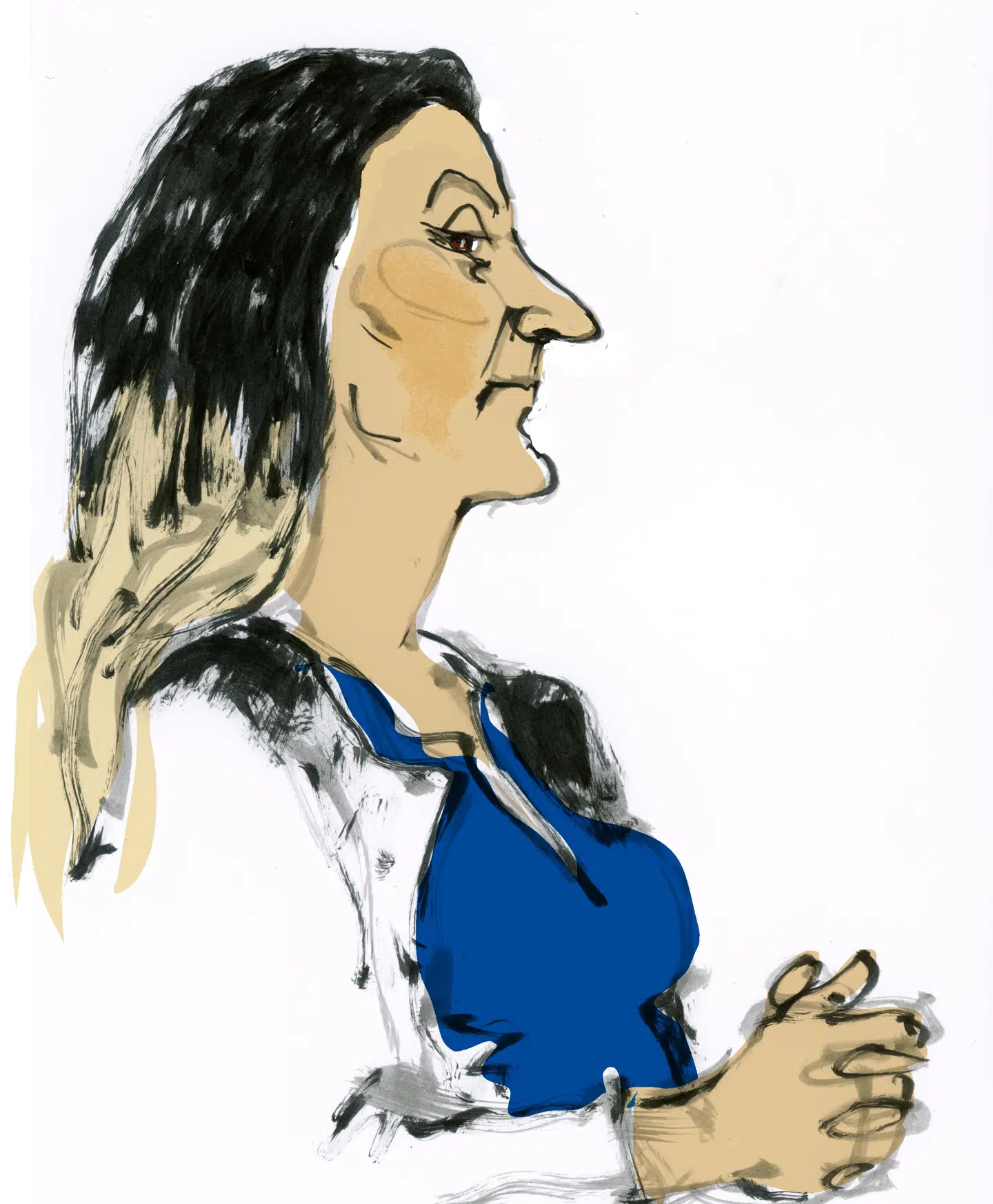 Silvia Winther under den aktuelle retssag, hvor hun blandt andet er tiltalt for at stå bag et tricktyveri (Tegning: Annette Carlsen)