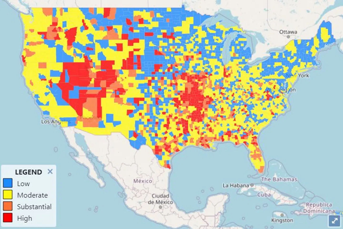 Sådan så det amerikanske sundhedsvæsens landskort over smitte ud 1. juli 2021. En masse gult og blåt.