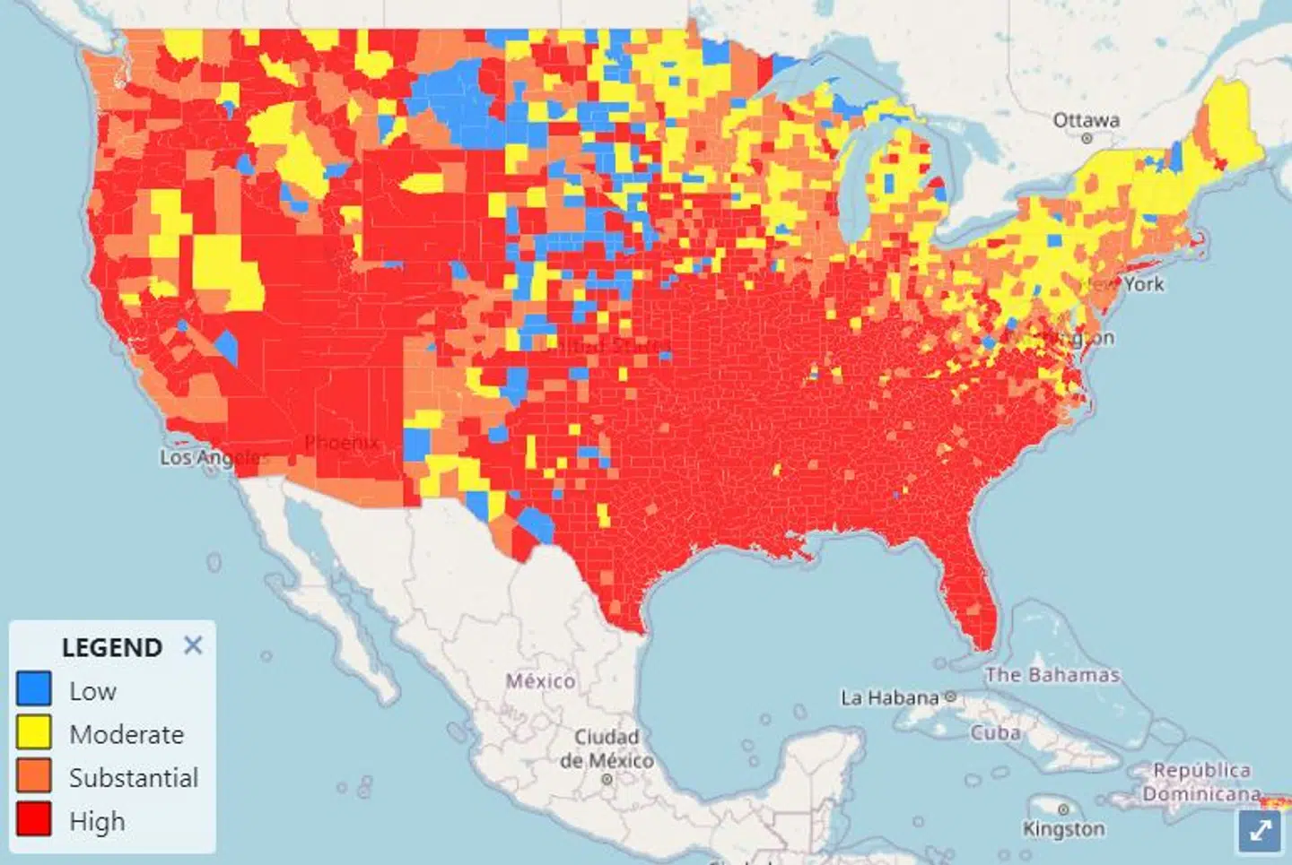 1. august er store dele af det amerikanske landkort farvet helt i rød, da smittet er steget voldsomt.