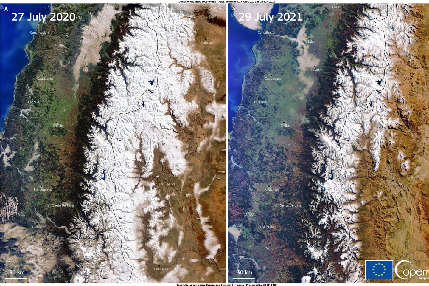 På satellitbilleder fra 27. juli sidste år og 29. juli i år kan man tydeligt se, hvor meget mindre sne, der er faldet i Andesbjergene denne vinter. European Union, Copernicus Senti/Reuters