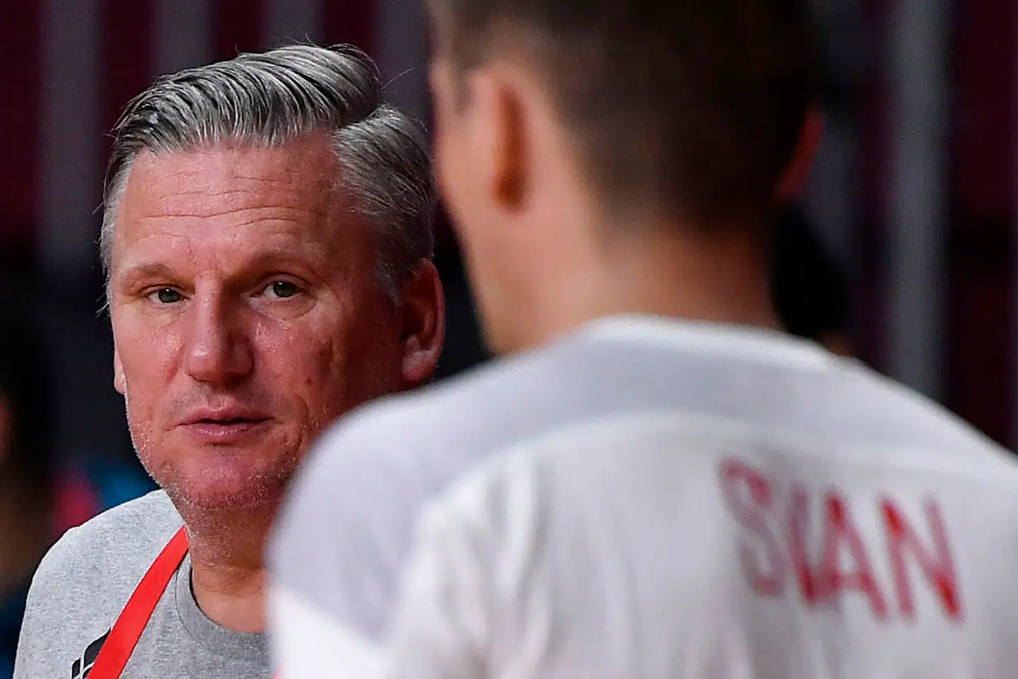 Denmark's coach Nikolaj Jacobsen looks on during the men's quarterfinal handball match between Denmark and Norway of the Tokyo 2020 Olympic Games at the Yoyogi National Stadium in Tokyo on August 3, 2021. (Photo by Fabrice COFFRINI / AFP)