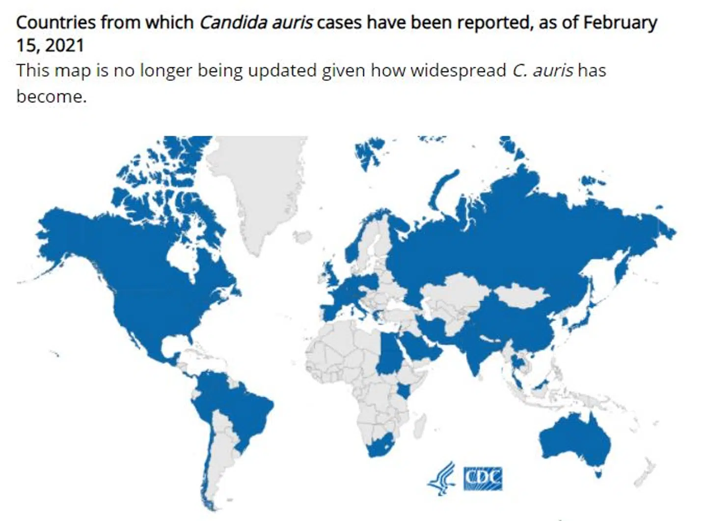 Her kan du se et kort over de lande, som svampeinfektionen har bredt sig til siden 2009. Foto: cdc.gov