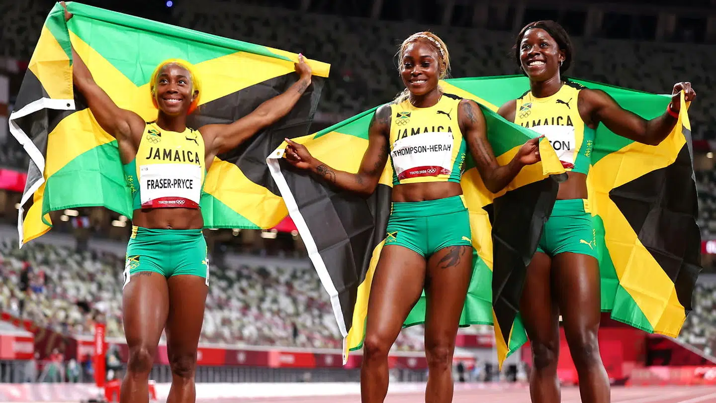 Elaine Thompson-Herah, Shelly-Ann Fraser-Pryce og Shericka Jackson.
