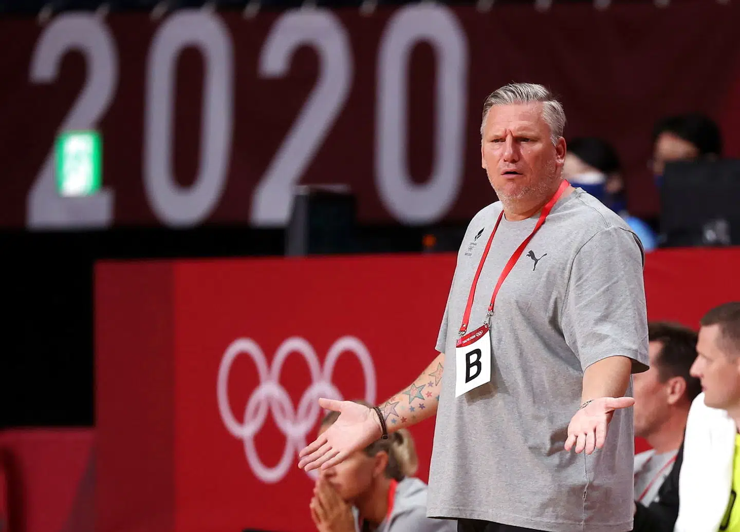 epa09362132 Denmark head coach Nikolaj Jacobsen reacts during the Men's Preliminary Round Group B match between Denmark and Japan during the Handball events of the Tokyo 2020 Olympic Games at the Yoyogi National Gymnasium arena in Tokyo, Japan, 24 July 2021. EPA/WU HONG