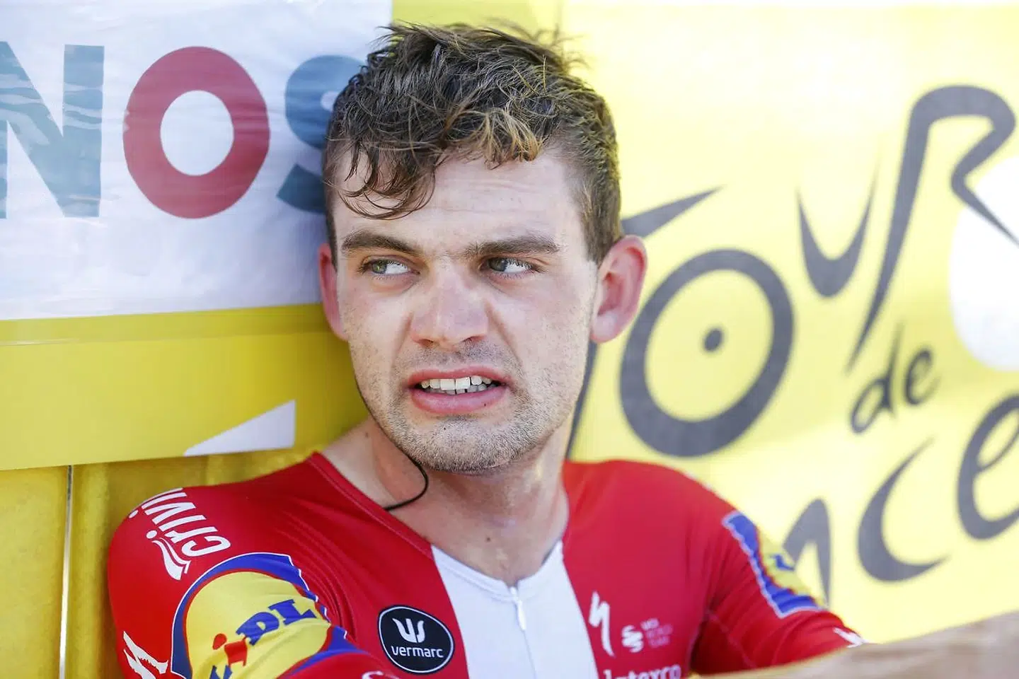Team Deceuninck Quickstep's Kasper Asgreen of Denmark reacts after crossing the line of the 20th stage of the 108th edition of the Tour de France cycling race, a 30 km time trial between Libourne and Saint-Emilion, on July 17, 2021. (Photo by Tim Van Wichelen / AFP)