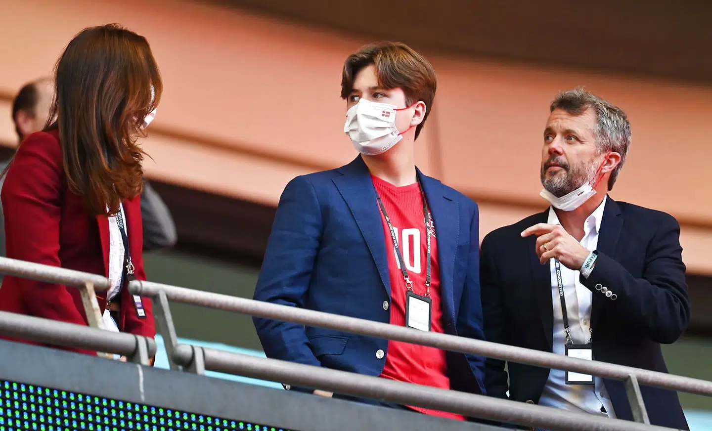 epa09329496 Frederik, Crown Prince of Denmark, his wife Crown Princess Mary and their son Prince Christian before the UEFA EURO 2020 semi final between England and Denmark in London, Britain, 07 July 2021. EPA/Justin Tallis / POOL (RESTRICTIONS: For editorial news reporting purposes only. Images must appear as still images and must not emulate match action video footage. Photographs published in online publications shall have an interval of at least 20 seconds between the posting.)