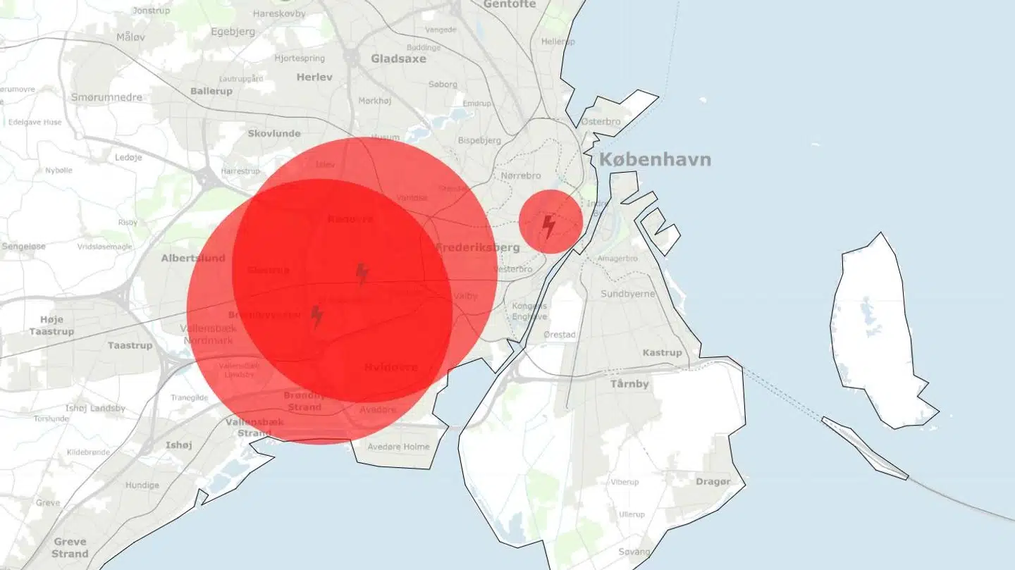 Her kan du se området for strømafbrydelsen. Foto: Radius