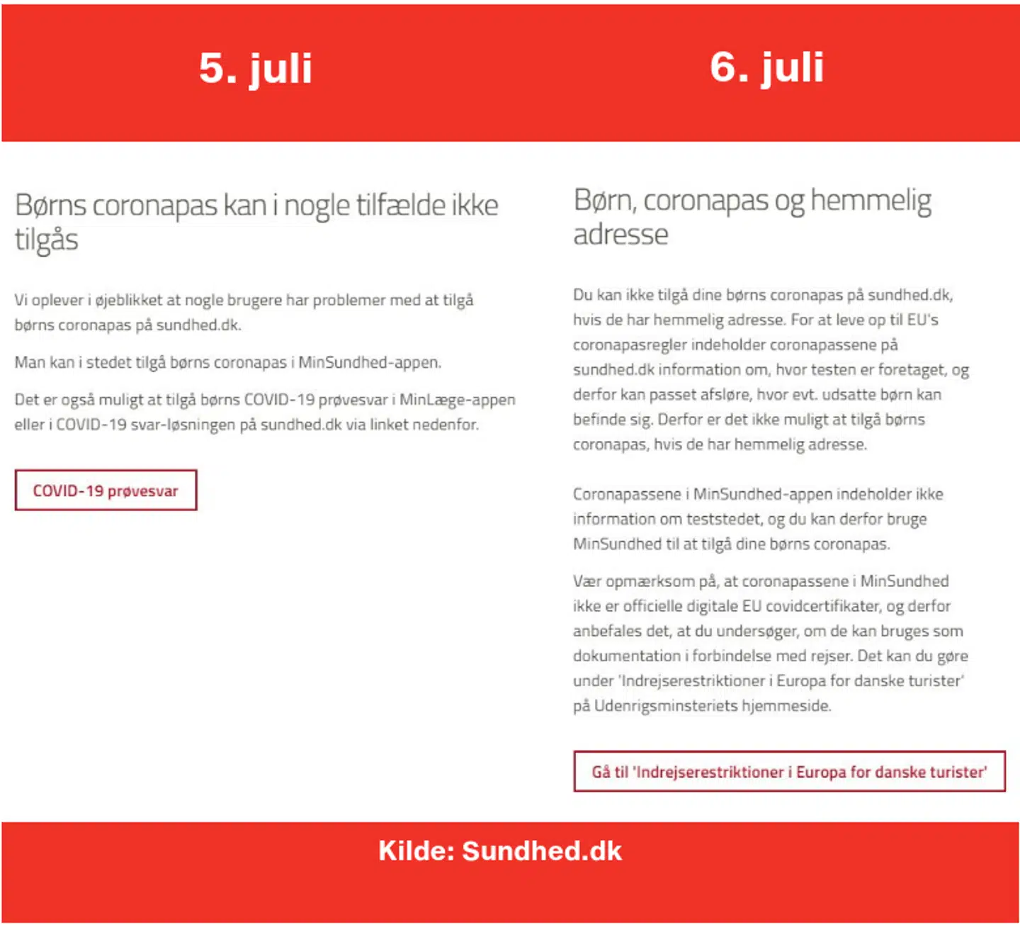 Sådan lyder meldingen om problemer med at tilgå børnenes EU-coronapas fra sundhed.dk. 5.- og 6. juli Foto: Sundhed.dk