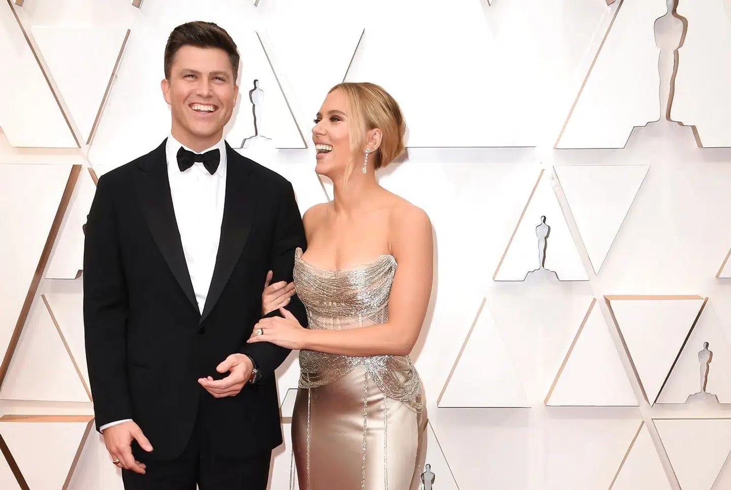 (FILES) In this file photo taken on February 9, 2020 US actress Scarlett Johansson arrives with fiance Colin Jost for the 92nd Oscars at the Dolby Theatre in Hollywood, California. - October 29, actress Scarlett Johansson and and "SNL" star Colin Jost tied the knot over the weekend and are now are officially married. (Photo by Robyn Beck / AFP)