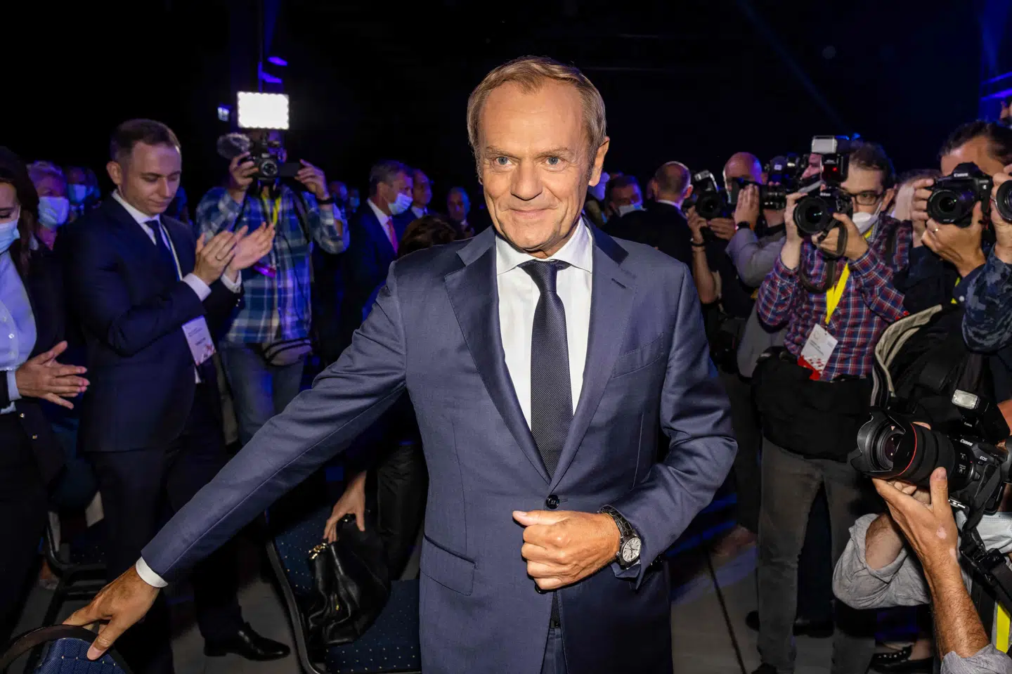 Den tidligere polske premierminister og tidligere EU-præsident, 64-årige Donald Tusk, ved lørdagens partikongres i Polens største oppositionsparti, Borgerplatformen, som han nu skal stå i spidsen for.