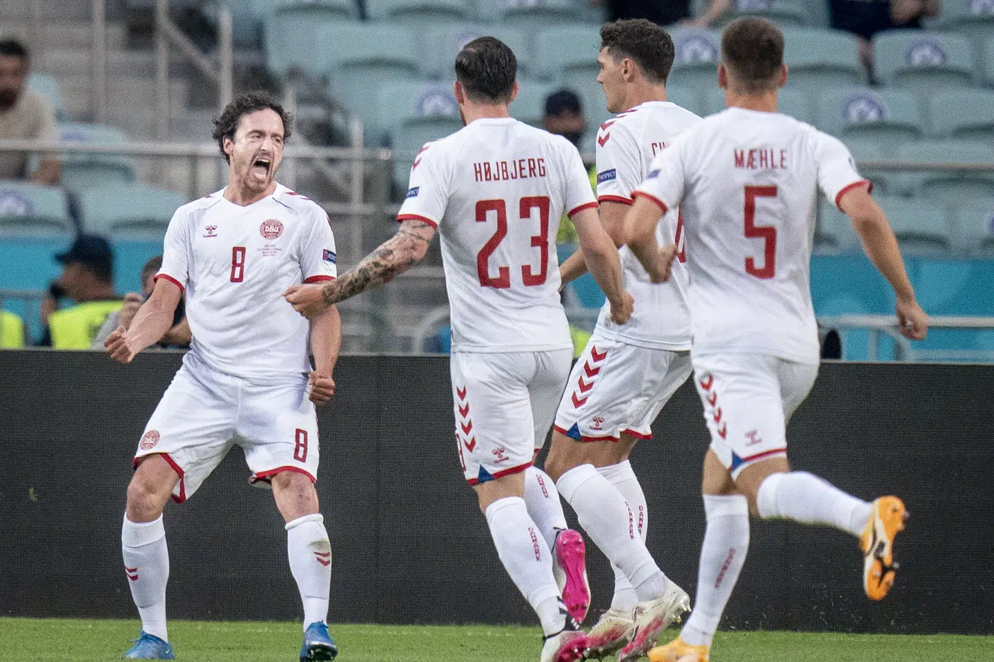 Thomas Delaney jubler over sit mål til 1-0 i Danmarks 2-1-sejr over Tjekkiet. Liselotte Sabroe/Ritzau Scanpix