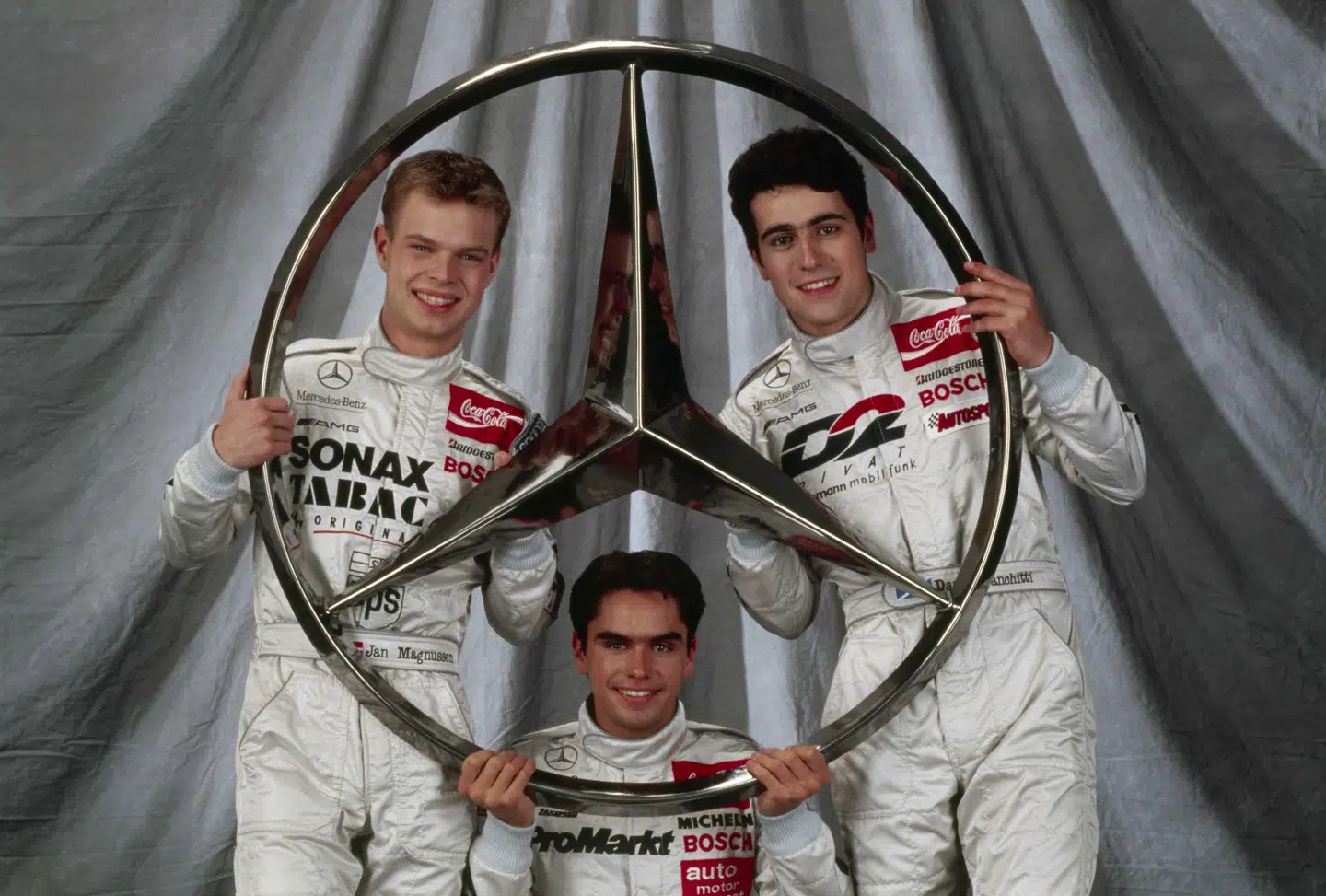 Mercedes' juniorteam i midten af 1990erne bestod af Jan Magnussen (tv.), Dario Franchitti (th.) og Sandy Gray.
