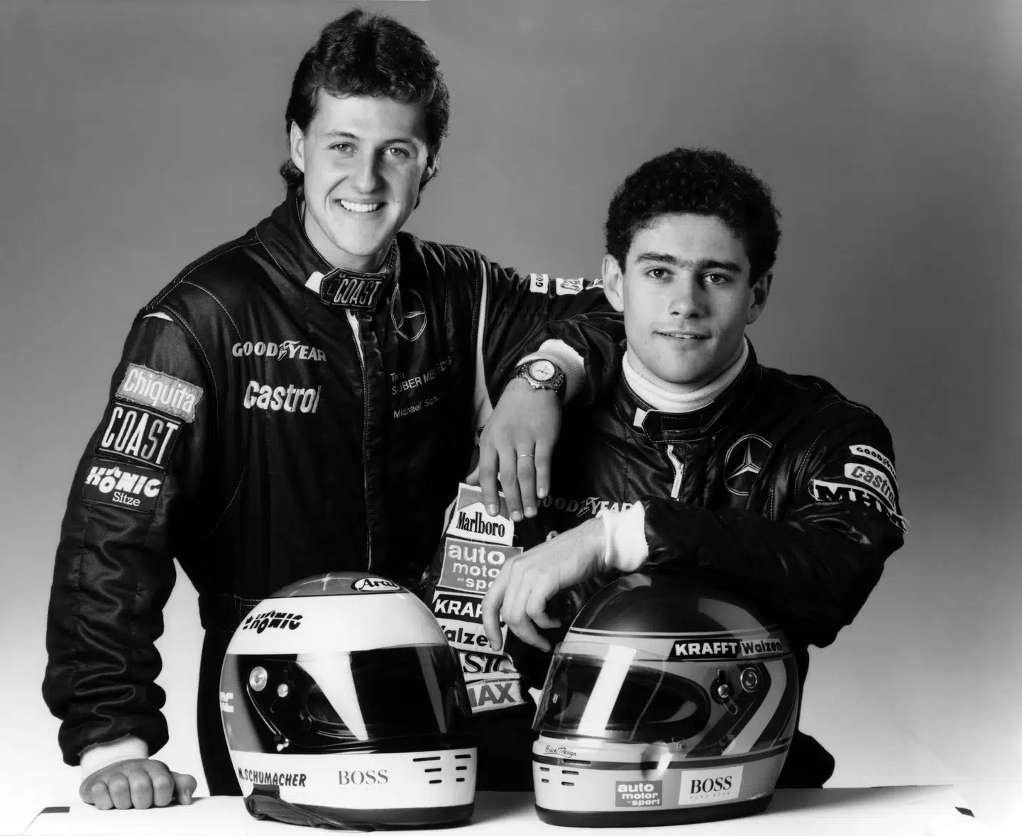 Michael Schumacher (tv.) og Heinz-Harald Frentzen (th.) dannede sidst i 1980erne Mercedes' første juniorteam.