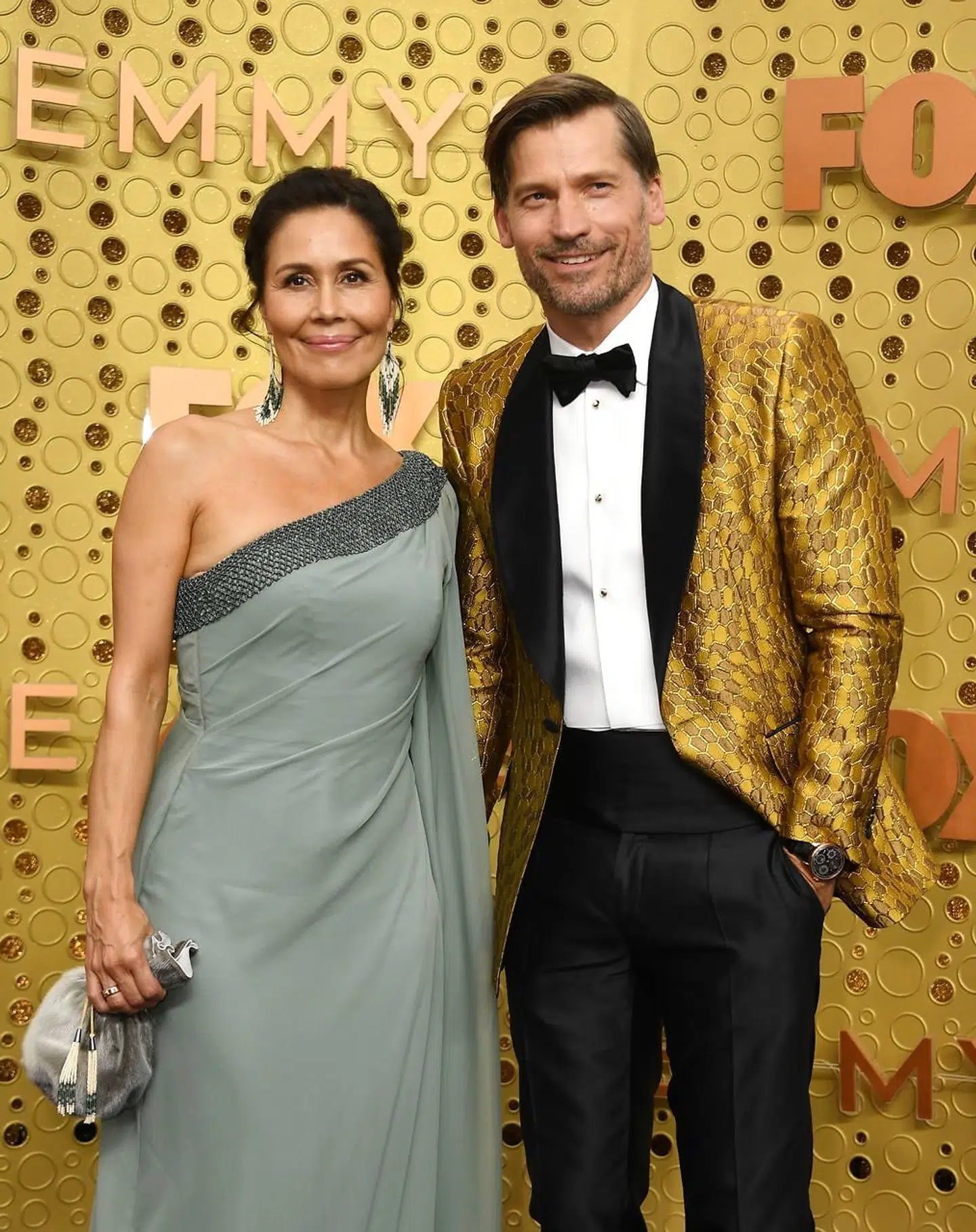 Danish actor Nikolaj Coster-Waldau and his wife Nukaaka Coster-Waldau arrive for the 71st Emmy Awards at the Microsoft Theatre in Los Angeles on September 22, 2019. (Photo by VALERIE MACON / AFP)