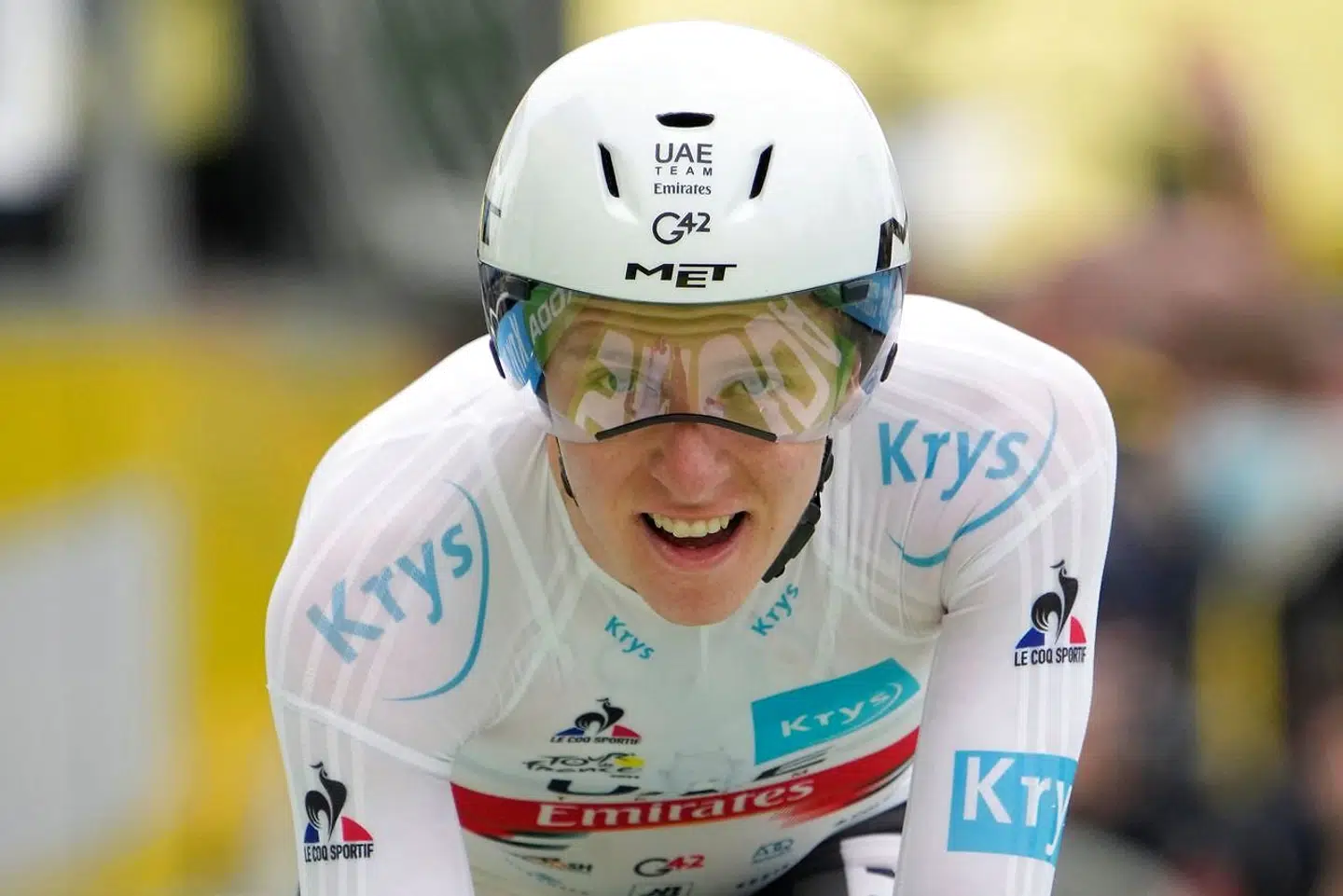 Team UAE Emirates' Tadej Pogacar of Slovenia crosses the finish line of the 5th stage of the 108th edition of the Tour de France cycling race, a 27 km time trial between Change and Laval, on June 30, 2021. (Photo by Christophe Ena / various sources / AFP)