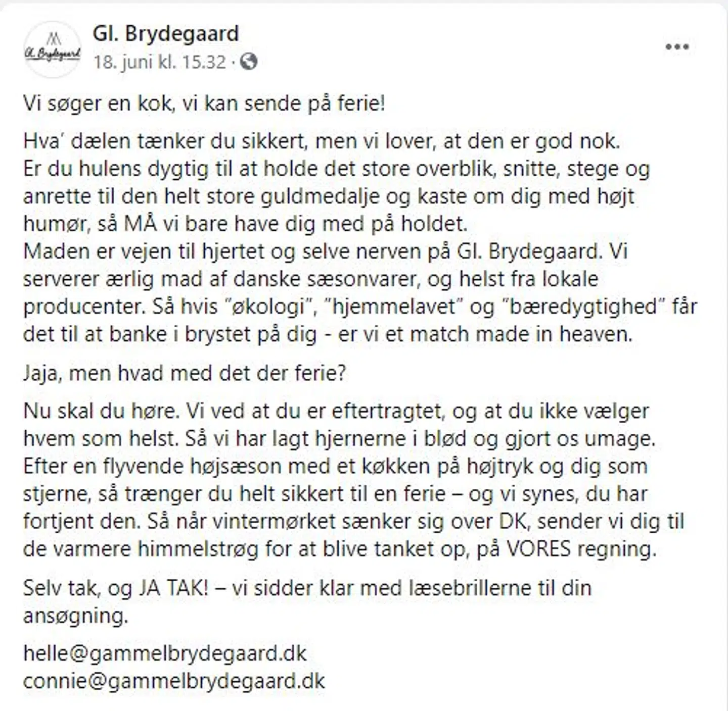 Jobopslaget fra Gl. Brydegaard på Facebook, der blev delt 18. juni. Foto: Facebook