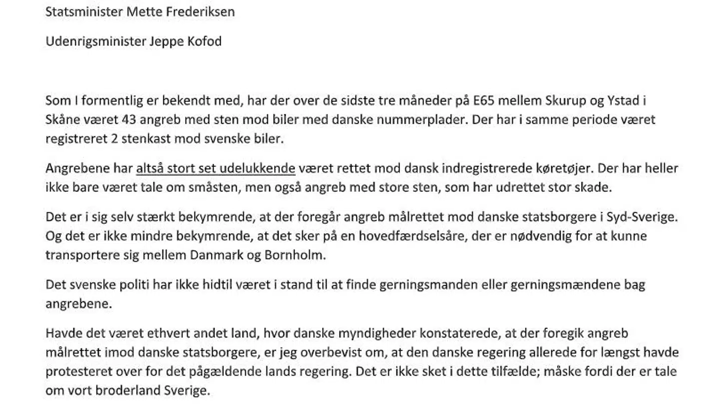 En del af Peter Skaarups brev til Jeppe Kofod og Mette Frederiksen.