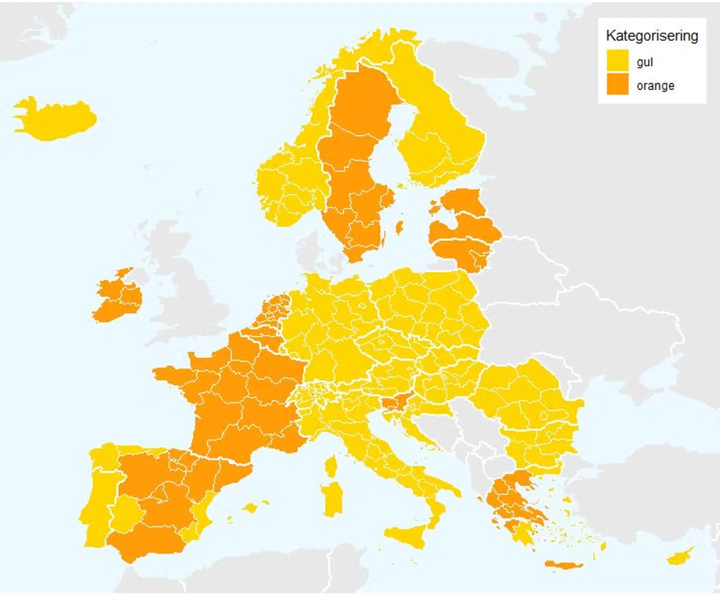 Her er de gule regioner i Europa, hvor man ikke behøver at gå i isolation ved hjemerejse I de orange områder skal man i isolation.