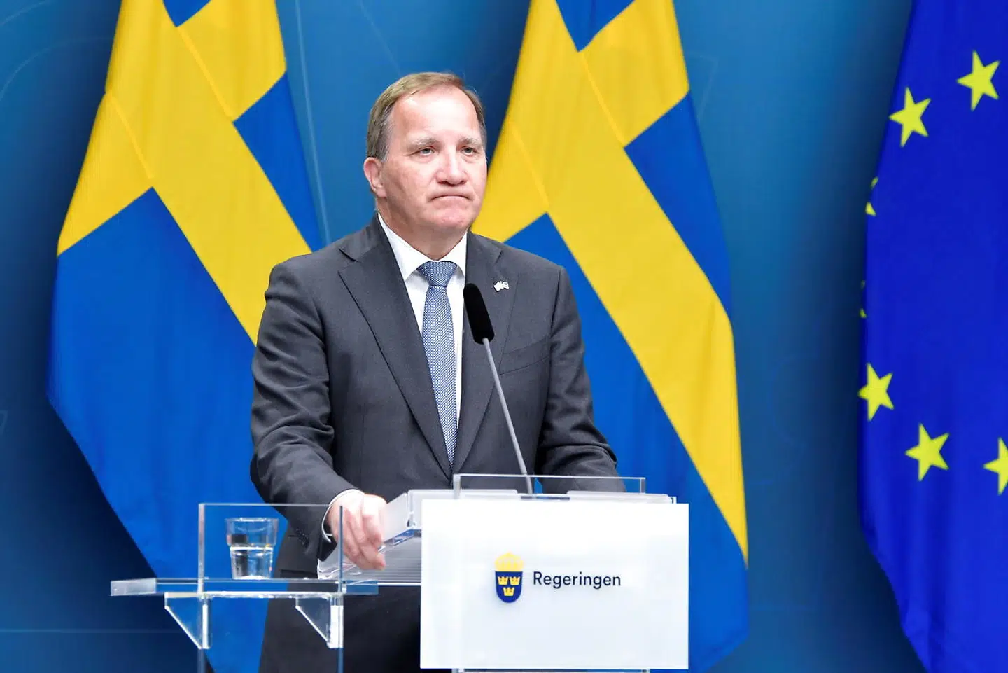 Sweden's Prime Minister Stefan Lofven attends a news conference after the no-confidence vote in the Swedish parliament, in Stockholm, Sweden June 21, 2021. TT News Agency/Andres Wiklund via REUTERS ATTENTION EDITORS - THIS IMAGE WAS PROVIDED BY A THIRD PARTY. SWEDEN OUT.NO COMMERCIAL OR EDITORIAL SALES IN SWEDEN.