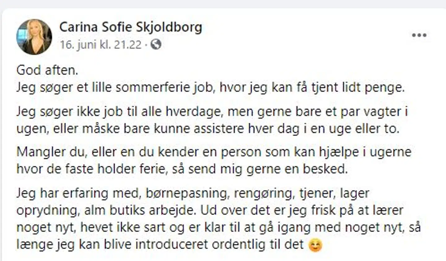 Det var, hvad Carina Sofie Skjoldborg skrev i sit opslag på Facebook sent om aftenen 16. juni. Foto: Facebook