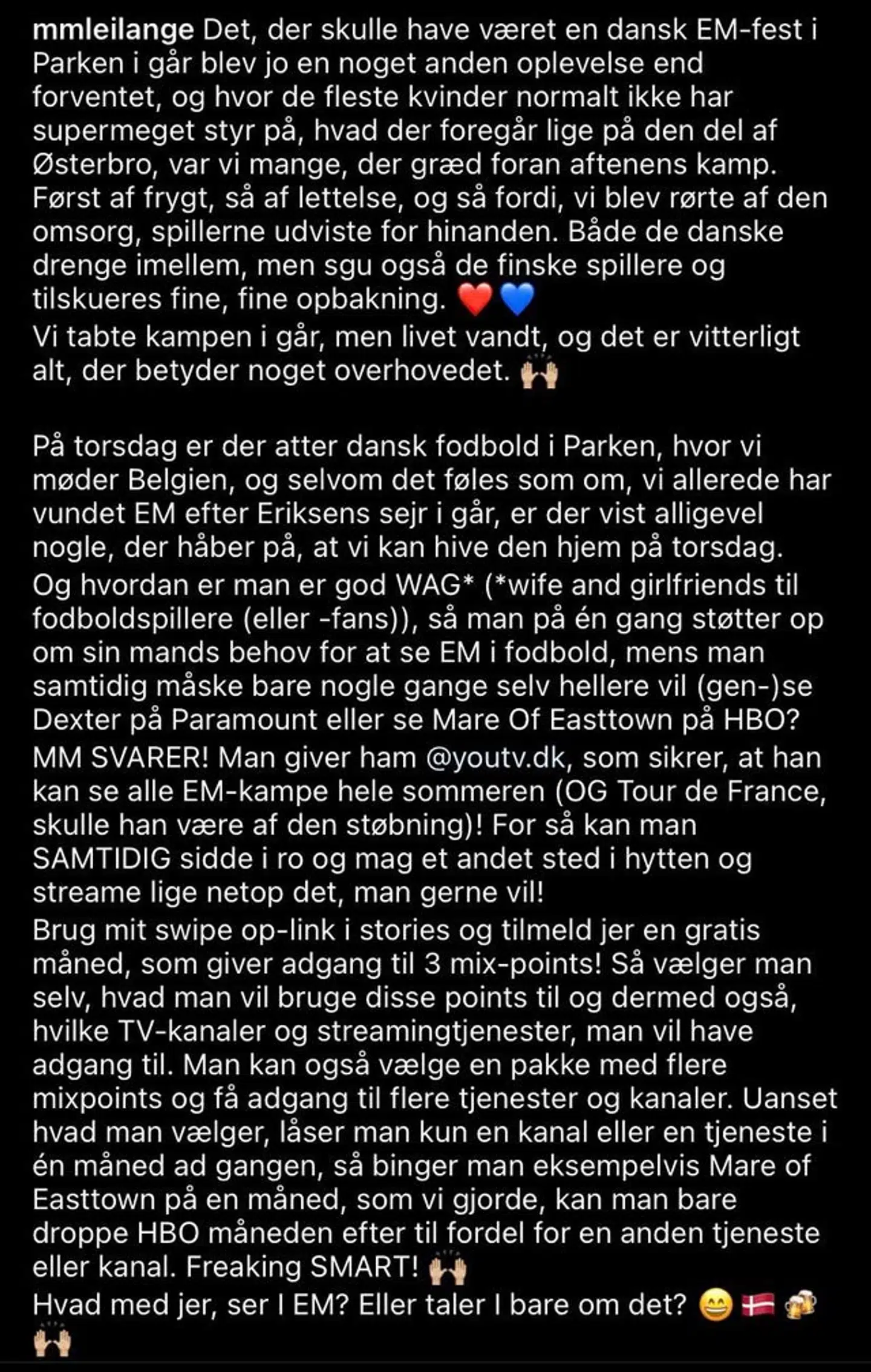 Screenshot af Mette Marie Lei Langes opslag, der nu er slettet. Foto: Instagram