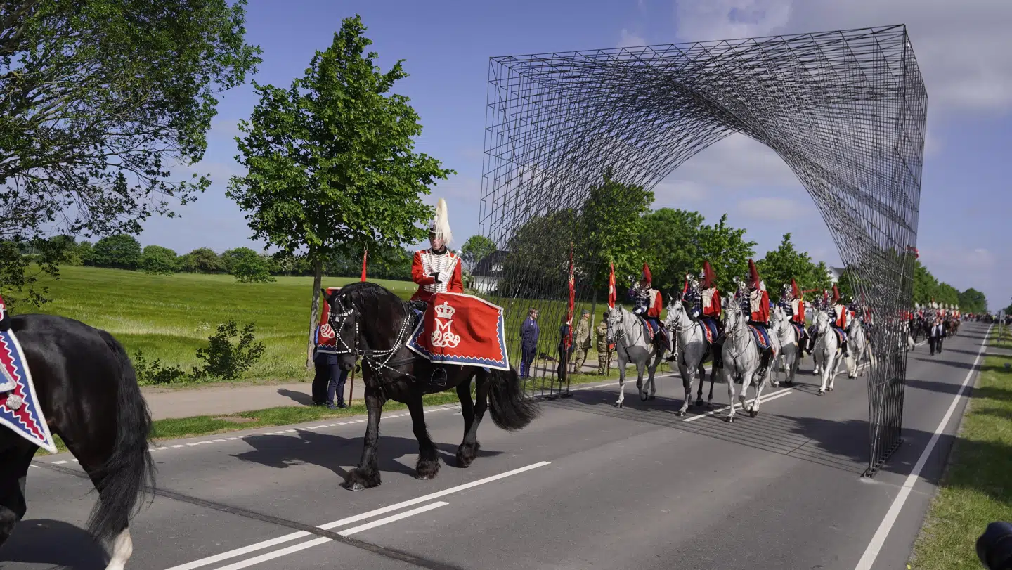 Det er hvide heste, der trækker hestevognen med Dronningen, Kronprinsen og prins Christian.