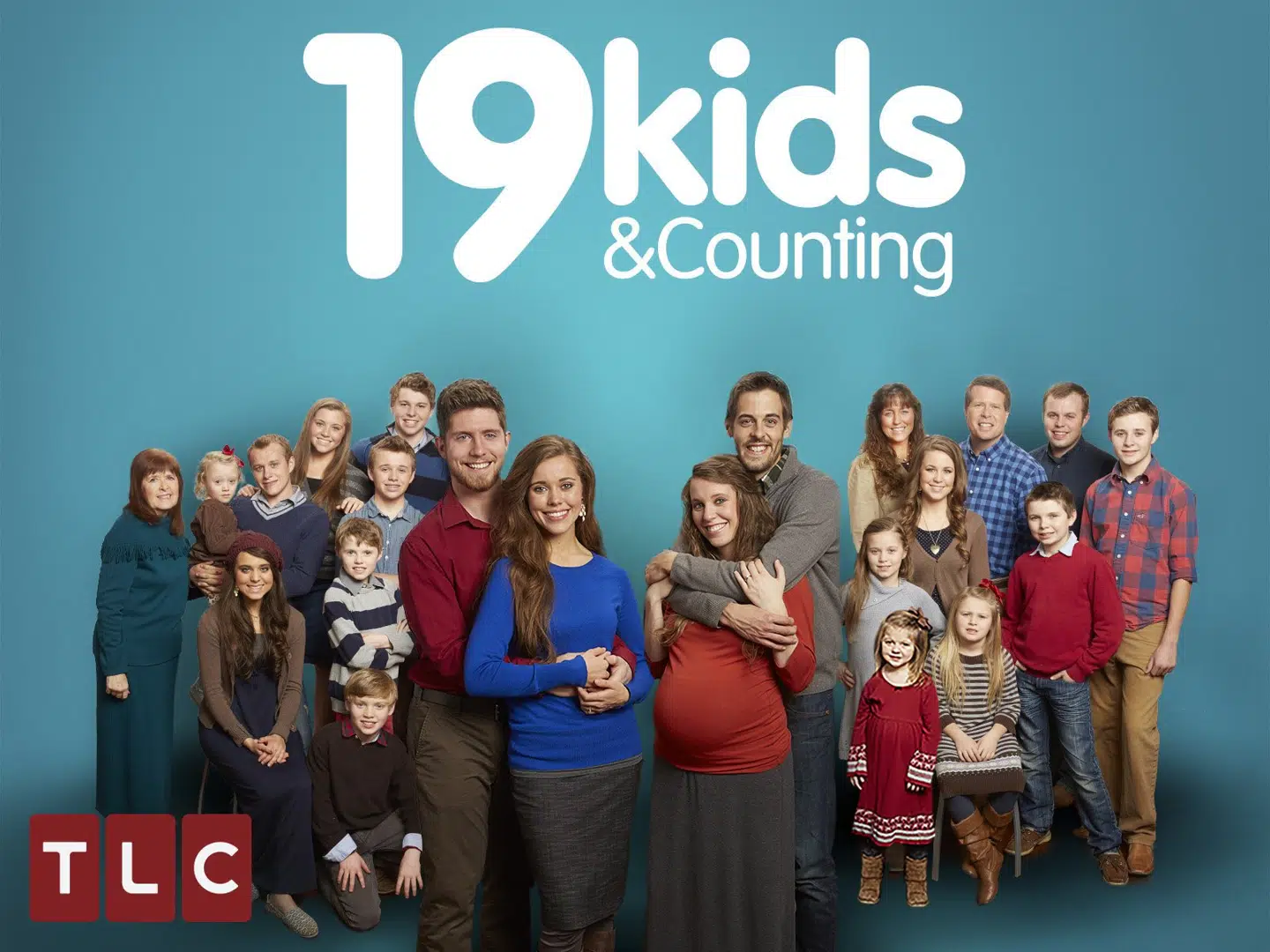 I '19 Kids and Counting' ventede Jill Duggar og Derick Dillard (parret forrest til højre) deres første barn, sønnen Israel, der i dag er seks år og har fået lillebroren Samuel.