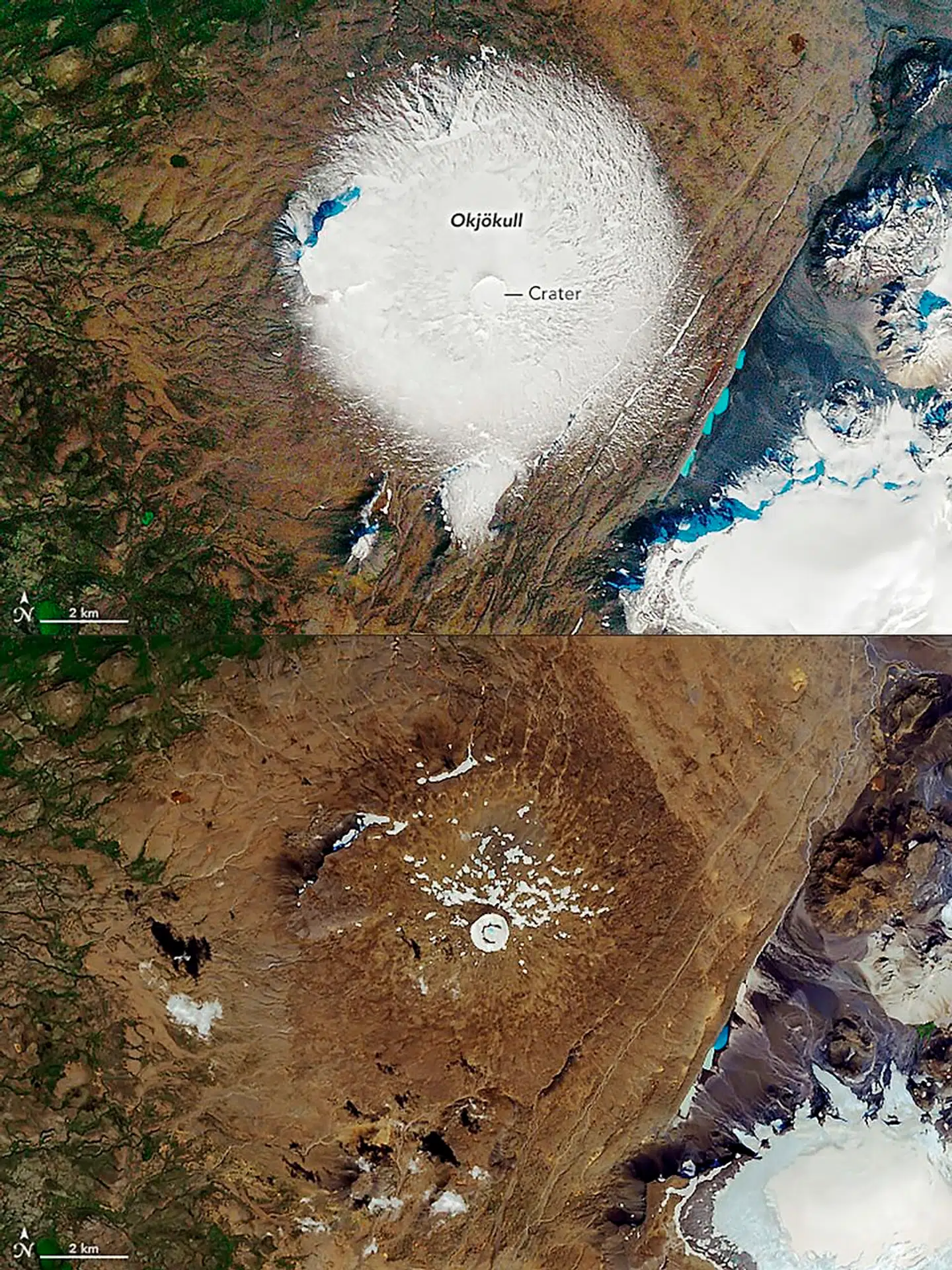 Billede af Okjökull-gletsjeren taget af NASA i 2019, fem år efter gletsjeren officielt blev erklæret død.