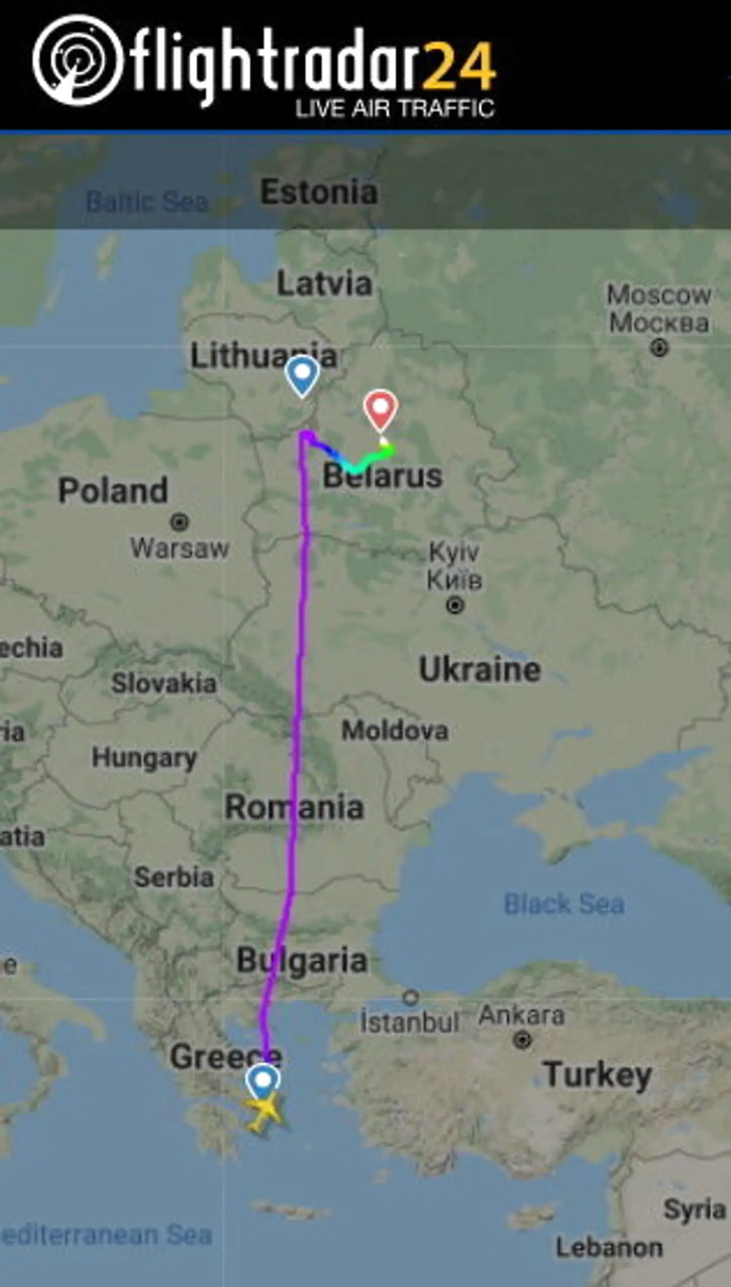 Den rute, som Ryanair-fly 4978 tog søndag.