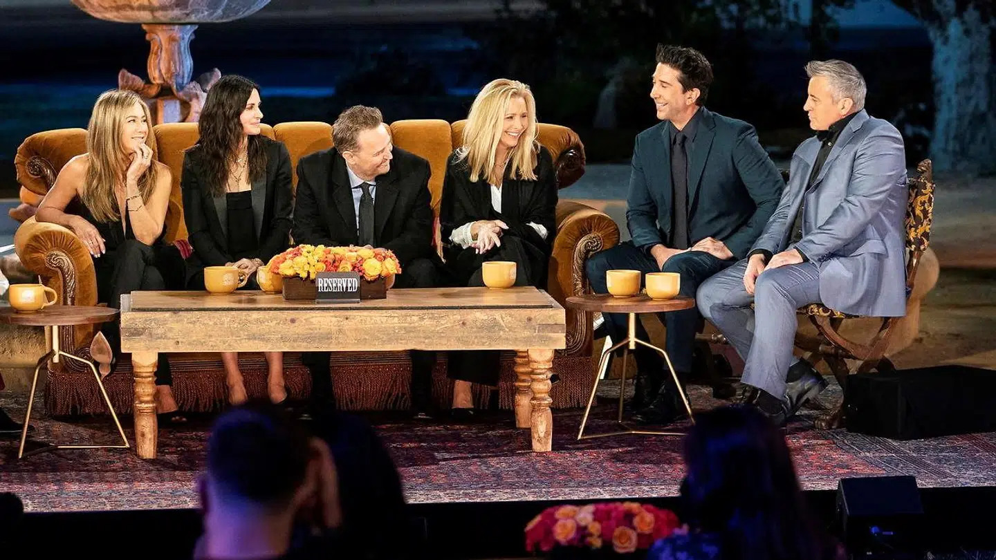 Jennifer Aniston, Courteney Cox, Matthew Perry, Lisa Kudrow, David Schwimmer og Matt Leblanc i 'Friends: The Reunion'.