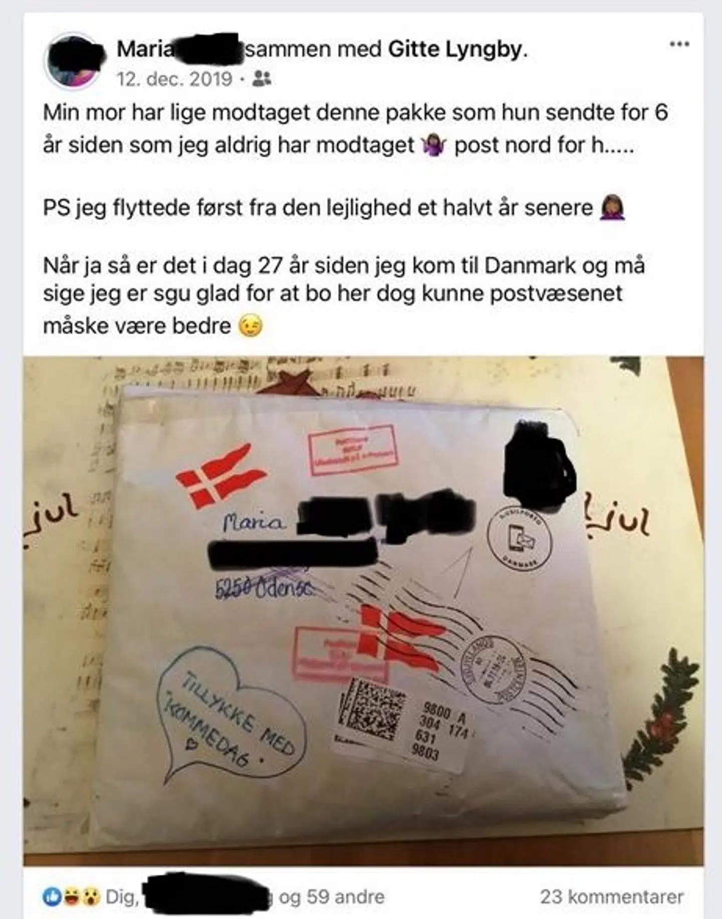 Maria slog et billede af brevet op på Facebook, da det dukkede op igen. Foto: Privat.