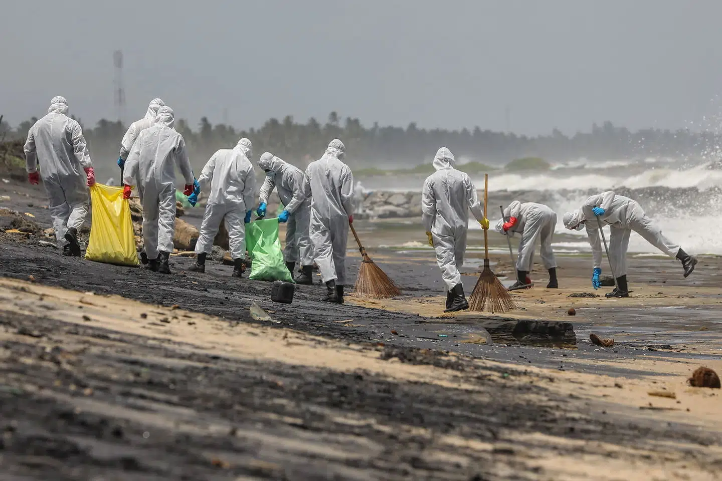 Pakket ind i sikkerhedsdragter rydder flere hundrede mennesker op på stranden.