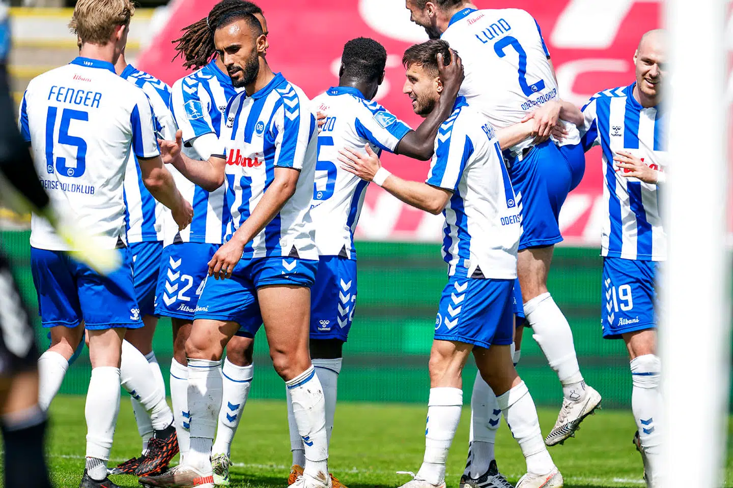 OBs Bashkim Kadrii scorer til 3-0 under superligakampen mellem OB og AC Horsens, i Odense mandag den 24. maj 2021.. (Foto: Claus Bech/Ritzau Scanpix)