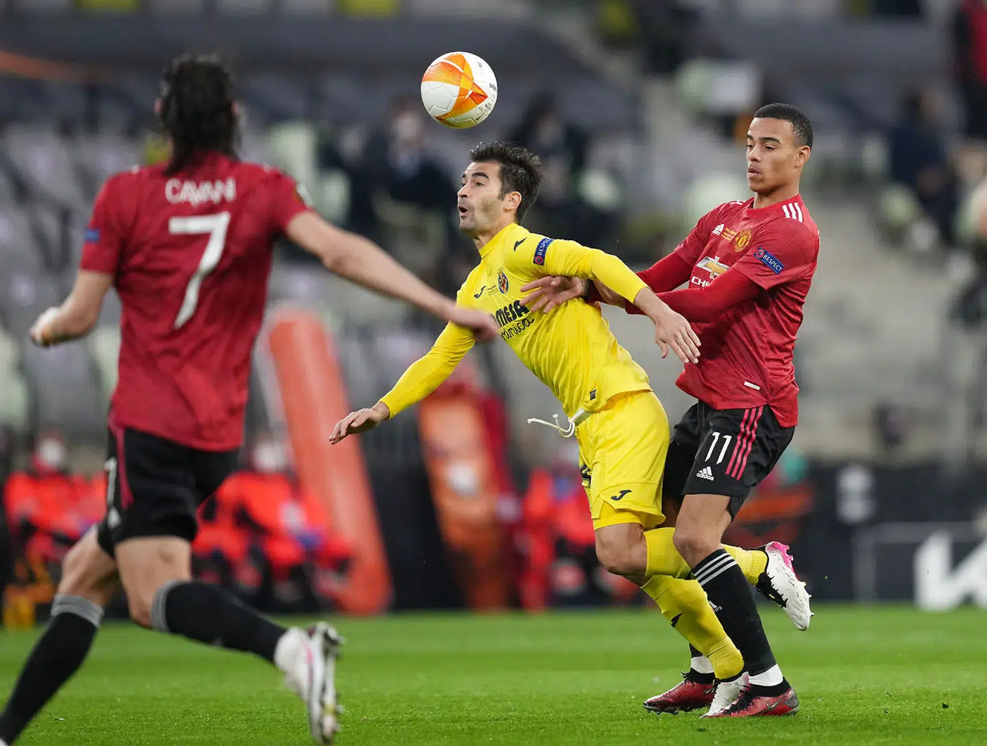 Soccer Football - Europa League Final - Villarreal v Manchester United - Polsat Plus Arena Gdansk, Gdansk, Poland - May 26, 2021 Villarreal's Manu Trigueros in action with Manchester United's Mason Greenwood Pool via REUTERS/Michael Sohn