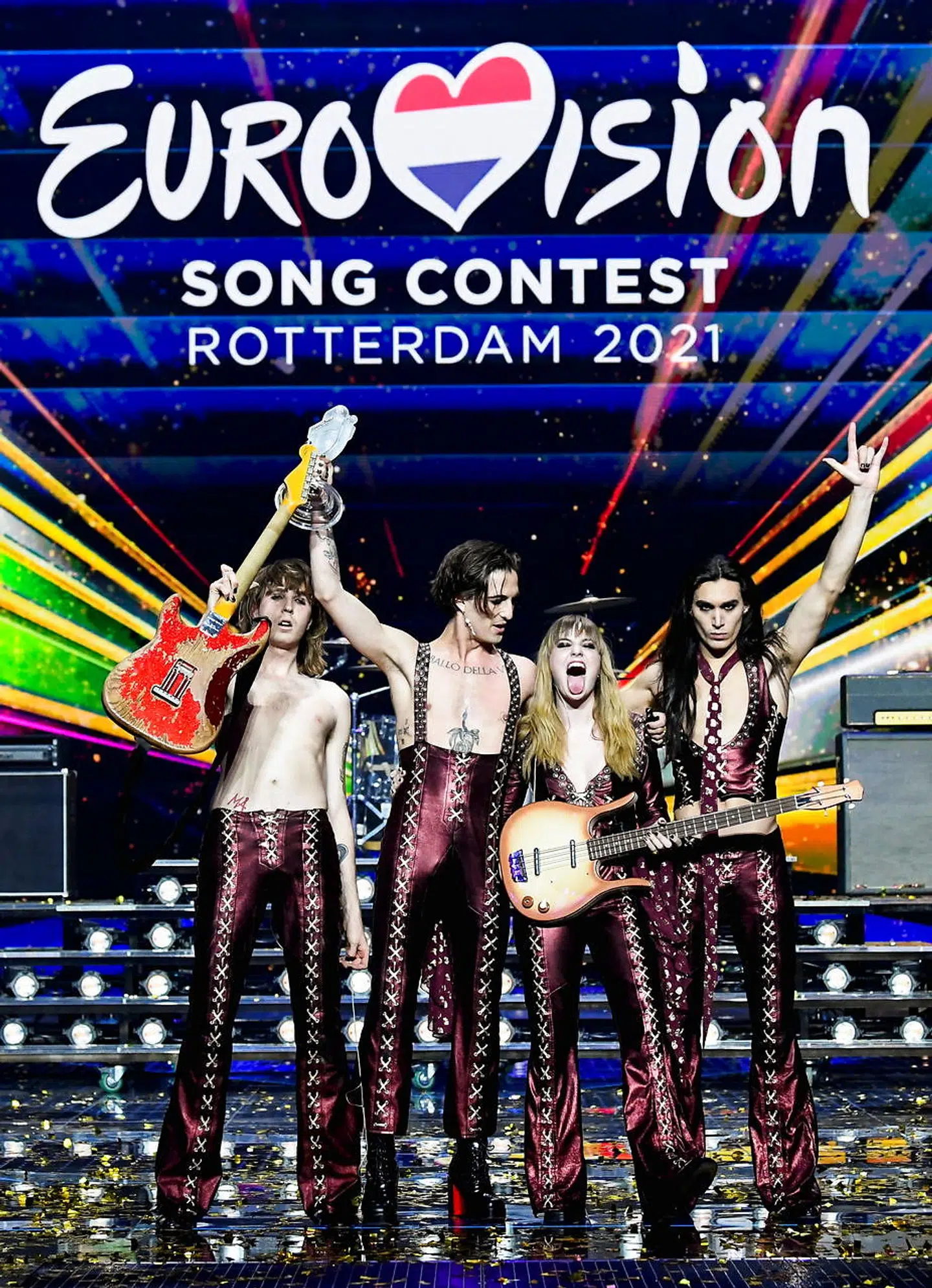 Maneskin of Italy appear on stage after winning the 2021 Eurovision Song Contest in Rotterdam, Netherlands, May 23, 2021. REUTERS/Piroschka van de Wouw